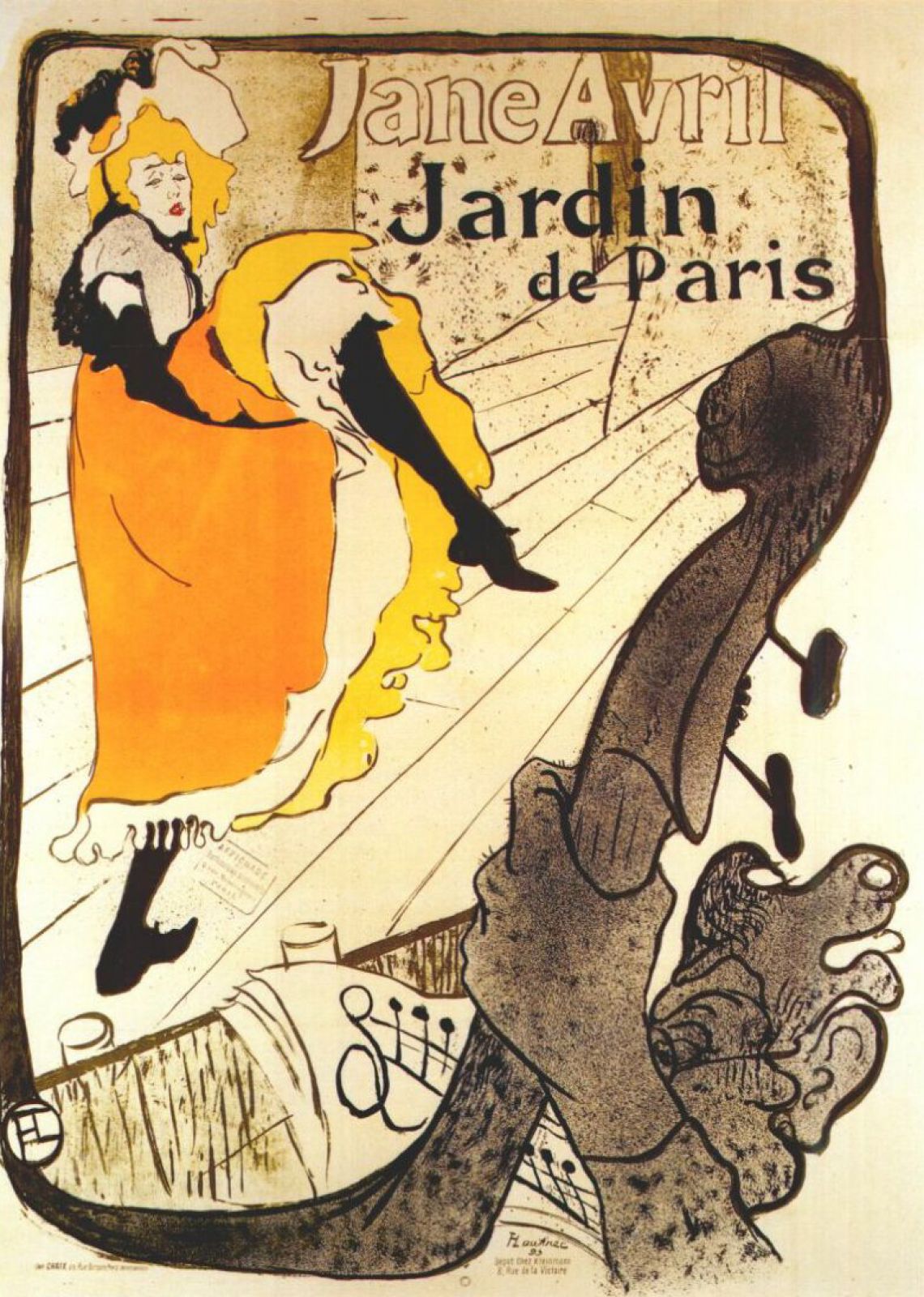 Cartel hecho por Toulouse-Lautrec para el Jardín de París que muestra a Jane Avril bailando.